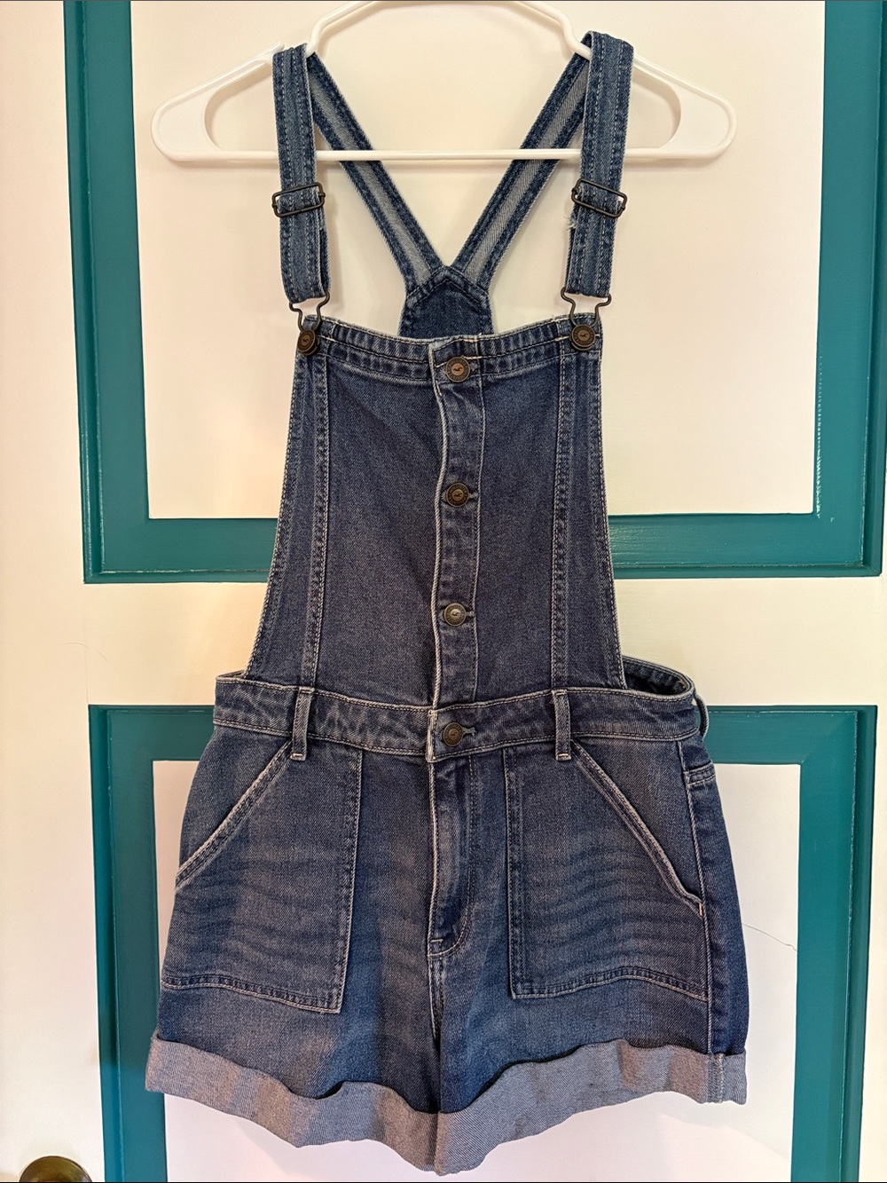 Hollister High-Rise Mom Short Denim Overalls - Blue Jean Jumper
